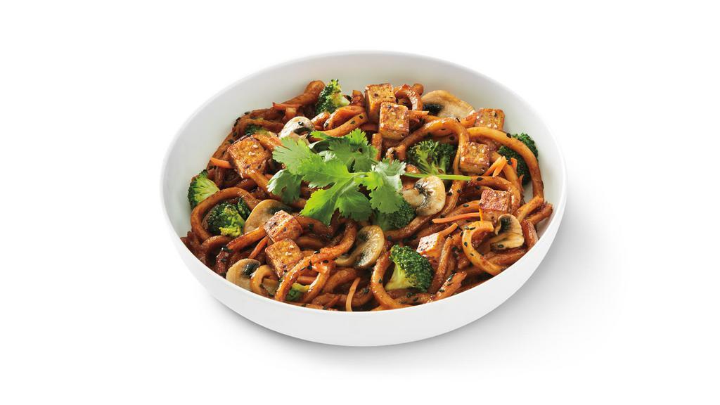 Japanese Pan Noodles With Tofu · A vegetarian favorite of caramelized udon noodles in a sweet soy sauce, seasoned tofu, broccoli, mushrooms, carrots, black sesame seeds and cilantro.. S | V
