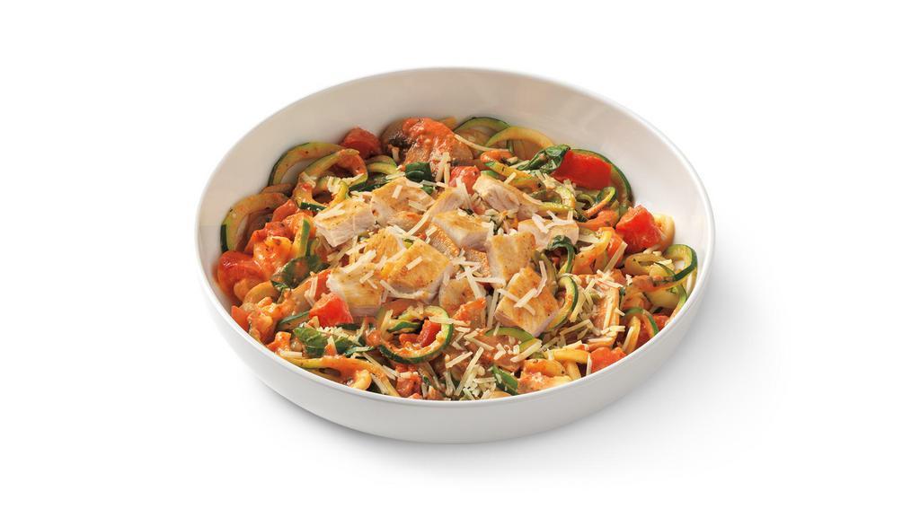 Zucchini Rosa With Grilled Chicken · A bold, paleo-friendly treat of zucchini noodles in spicy tomato cream sauce with grilled chicken, mushrooms, tomato, spinach and parmesan.. S