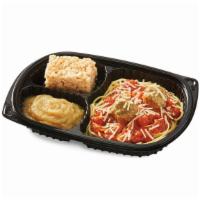 Spaghetti & Meatballs · Two meatballs on spaghetti noodles, crushed tomato marinara and parmesan. | 450 Calories