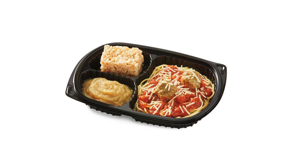 Spaghetti & Meatballs · Two meatballs on spaghetti noodles, crushed tomato marinara and parmesan. | 450 Calories