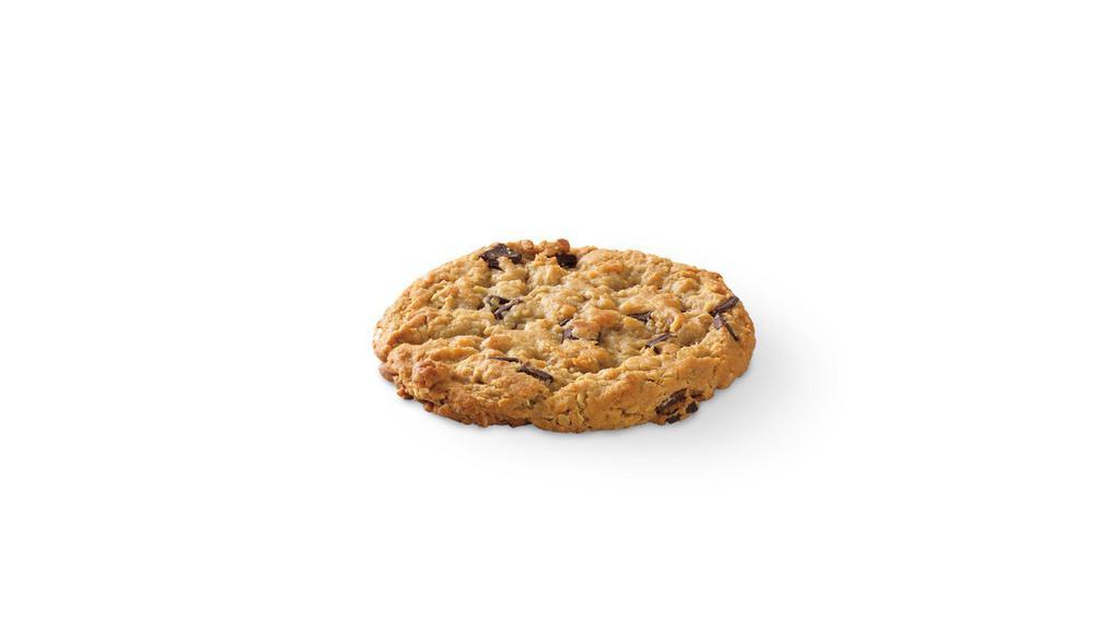Chocolate Chunk Cookie  · Huge chunks of chocolate nestled in a big oatmeal cookie. | 450 Calories | V