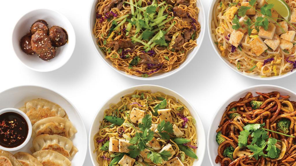 Asian Bowls · Japanese Pan Noodles, Grilled Orange Chicken Lo Mein, Spicy Korean Beef Noodles, Pad Thai with Grilled Chicken, Potstickers, and Korean BBQ Meatballs. No substitutions or modifications..