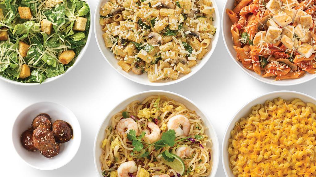 World Flavors · Penne Rosa with Grilled Chicken, Pad Thai with Shrimp, Cauliflower Rigatoni with Roasted Garlic Cream, Wisconsin Mac and Cheese, Caesar Salad and Korean BBQ Meatballs. No substitutions or modifications.