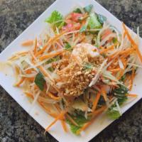 Papaya Salad · Vietnamese Papaya salad, mixed with shredded papaya, carrot. topping with peanuts, shrimps, ...