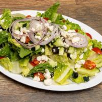 Greek Salad · Romaine lettuce, feta cheese, cucumbers, black olives, cherry tomatoes, red onions, with Gre...