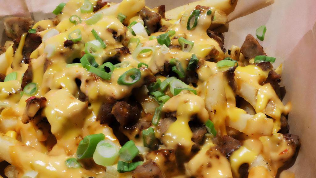 HT Fully Loaded Fries · Classic fries, Angus beef, cheddar queso, green onion, house burger sauce.