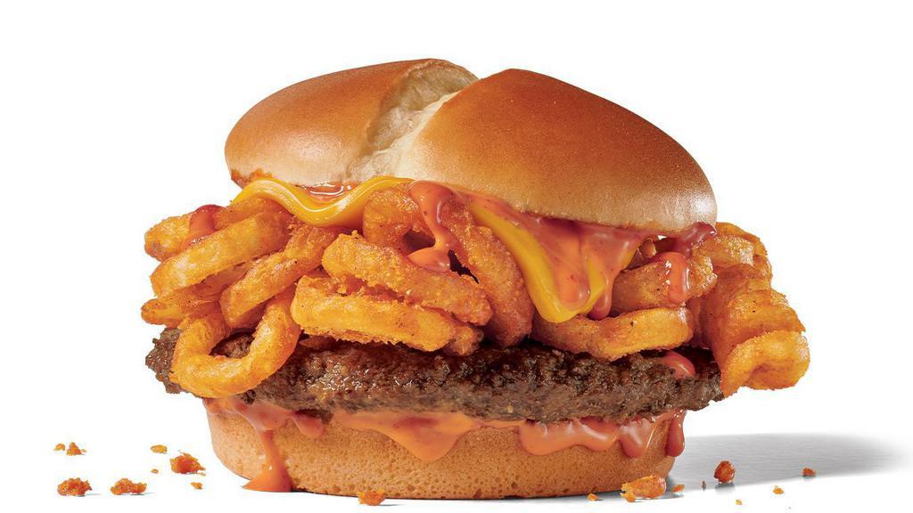 Sriracha Curly Fry Burger · Jumbo beef patty topped with cream sriracha sauce, seasoned curly fries and American cheese on buttery bakery bun