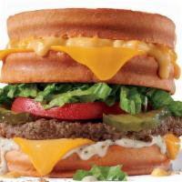Stacked Grilled Cheeseburger · Jumbo Burger, American and cheddar cheese, lettuce, tomato and pickles and ranch sauce stack...