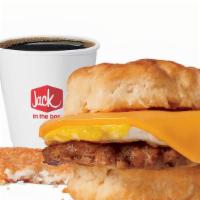 Sausage Egg & Cheese Biscuit Combo · Includes hash browns and your choice of a large drink.