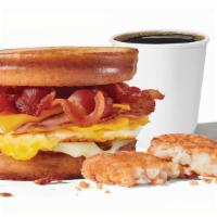 Grilled Sourdough Swiss Breakfast Combo · Includes hash browns and your choice of a large drink.