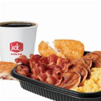 Jumbo Breakfast Platter W/ Bacon Combo · Includes hash browns and your choice of a large drink.
