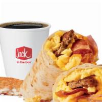 Meat Lovers Breakfast Burrito Combo · Includes hash browns and your choice of a large drink.