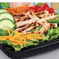 Grilled Chicken Salad · Iceberg and romaine lettuce blend topped with Julienne Chicken, cucumber slices, grape tomat...