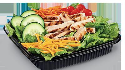Grilled Chicken Salad · Iceberg and romaine lettuce blend topped with Julienne Chicken, cucumber slices, grape tomatoes, shredded carrots and shredded Cheddar cheese, served with Low-fat Balsamic Vinaigrette dressing and seasoned croutons