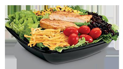 Southwest Chicken Salad (Grilled) · Iceberg and romaine lettuce blend topped with Grilled Chicken Strips, black beans, grape tomatoes, roasted corn, shredded Cheddar cheese, served with creamy Southwest dressing and spicy corn sticks