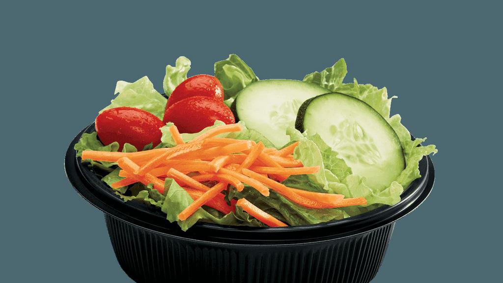 Side Salad · Iceberg and Romaine lettuce blend, with cucumber, carrots, grape tomatoes and seasoned croutons, served with your choice of dressing