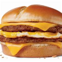 Extreme Sausage® Sandwich · Two sausage patties, a fried egg and American cheese on a buttery bakery bun