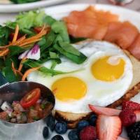 Breakfast Board  · Two eggs any style, choice of Smoked salmon, avocado, fresh berries, tomato, salsa, and sour...
