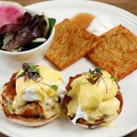 California Crab Cake Benedict · Crispy Panko breaded Dungeness Crab Cakes and cappers