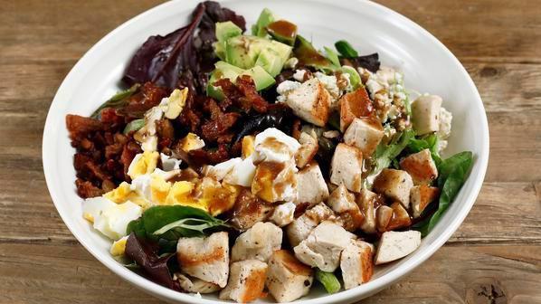 Cobb Salad · Spring mix, roasted chicken, avocado, bacon, har-boiled eggs, crumbled blue cheese, balsamic vinaigrette.