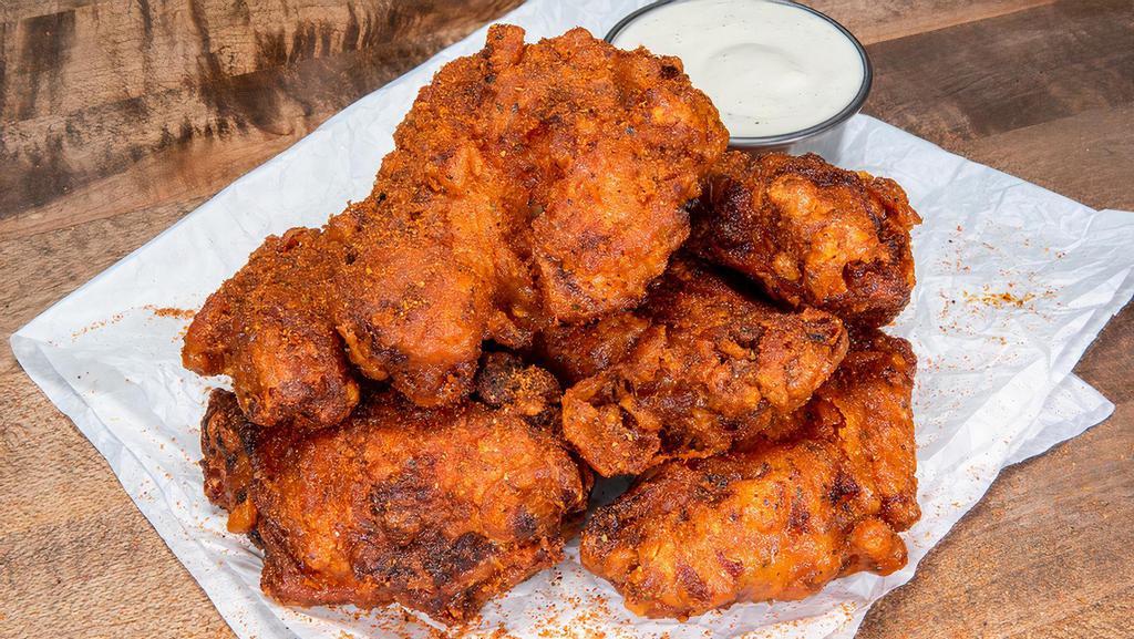 Wings · 6 crispy fried chicken wings, spiced to your liking;
Plain, Nashville Hot or Nashville Hotter
