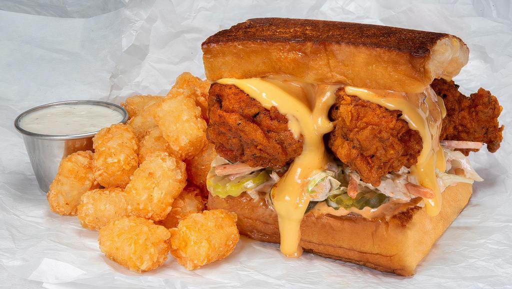 The Cheesy Chick Combo · BBMC sandwich with a choice of fries, tots, hot fries or hot tots and a dipping sauce
