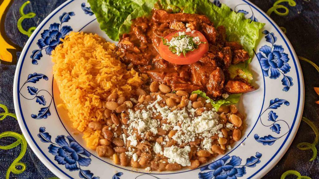  MOLE PLATE  · CHICKEN RED MOLE
AWARD WINNER
Home made Mole Sauce 
Served with : Rice, Pinto Beans and Salsa Fresca.