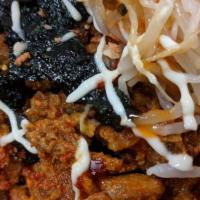 B3. Pork Bowl · Served with spicy pork, rice, bean sprout, seaweed and fried kimchi with Vons secret sauce.