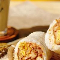 White rice RiceBurrito / 白米原味 · Ingredients: sticky rice, Taiwanese pickles,  soy-marinated egg, pork floss, shortbread frit...