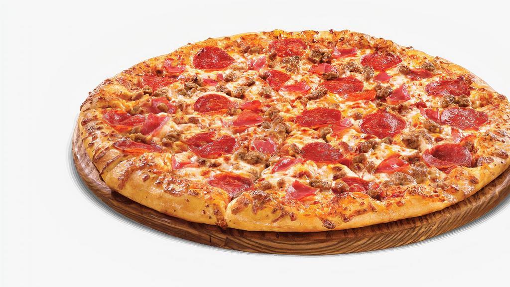 Meat Lovers Pizza · Red sauce, pepperoni, salami, sausage, Canadian bacon.