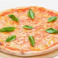 Margarita Pizza · Red sauce, mozzarella cheese, basil, tomatoes and parmesan cheese.