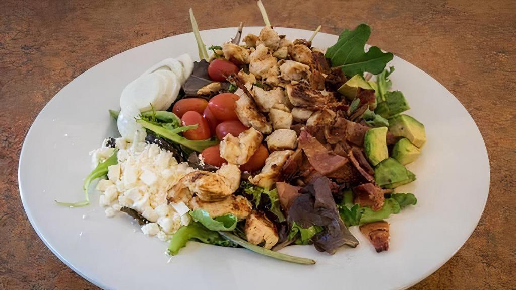 Cobb Salad · Diced chicken, bacon, avocado, egg, tomato and shredded Jack & Cheddar cheese. Fresh garden salads made with spring mix.