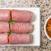 A8. Nem Nướng Cuốn / Meat Ball Spring Rolls · 3 Rolls - Vietnamese sausage with lettuce, cilantro, cucumber, crispy egg roll wrapper and p...