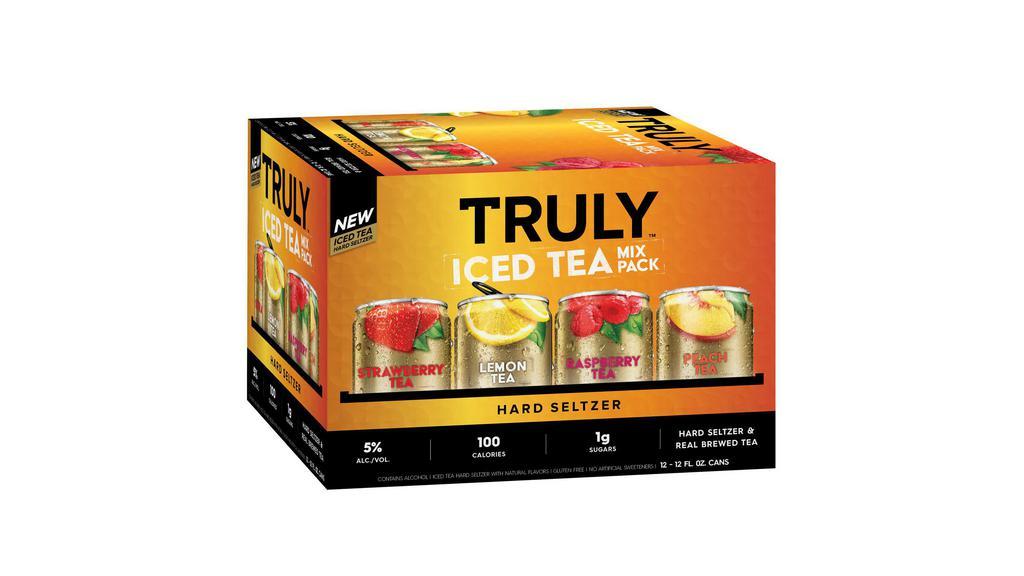 Truly Hard Seltzer Iced Tea Variety Pack (12 Oz X 12 Ct) · Truly Iced Tea Hard Seltzer combines refreshing hard seltzer with real brewed tea and fruit flavor for a uniquely delicious, bubbly drink. Try all four flavors in the Truly Iced Tea Mix Pack: Lemon Tea, Raspberry Tea, Peach Tea, and Strawberry Tea.  Each 12oz. can of Truly Iced Tea has 5% ABV with only 100 calories and 1g sugars for refreshment that won‚Äôt weigh you down.  Three 12 oz. cans of each flavor per pack.