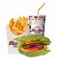 13. Lettuce Wrap Combo · Special sauce, lettuce, tomatoes, onions, pickles, american cheese and one  patty