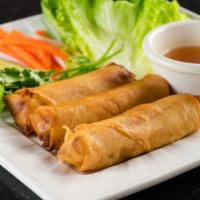 Veggie Imperial Rolls · 3 pieces. A julienned mixture of wood ear mushrooms, tofu, clear vermicelli, cilantro, imita...
