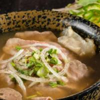 Beef Pho · Beef Pho Broth with rice noodles.  Combo of Sliced  rare steak, well done flank, meatballs, ...
