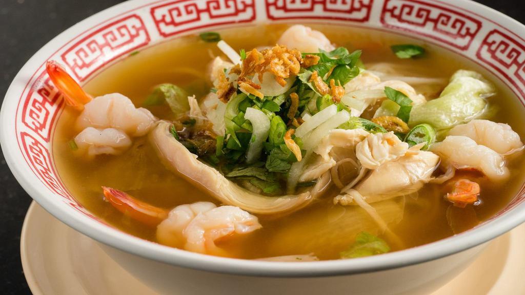 Prawns 'n Chicken Noodle Soup · Prawns and stripes of chicken with rice noodles, bean sprouts and lettuce in a chicken and seafood broth.