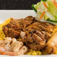 Rice Plate #20 · Combination of one imperial roll, 3 grilled prawns, and a choice of beef, pork or chicken ov...