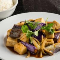 Tofu Eggplant · Fresh tofu sauté with seasonal eggplant and onions in a spicy plum sauce. (Vegetarian)