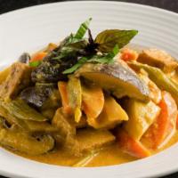 Veggie Curry · Spicy  Vegetable Curry. Seasonal vegetables, carrots, fried tofu, shitake mushrooms, black m...
