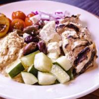 Mediterranean Bowl · feta, cherry tomatoes, cucumbers, cannellini beans, red onions, lemon vinaigrette