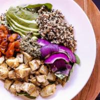 Roasted Vegetable Bowl · spinach, quinoa, sweet potatoes, red bell peppers, red onions, chimichurri,  avocado, ginger...
