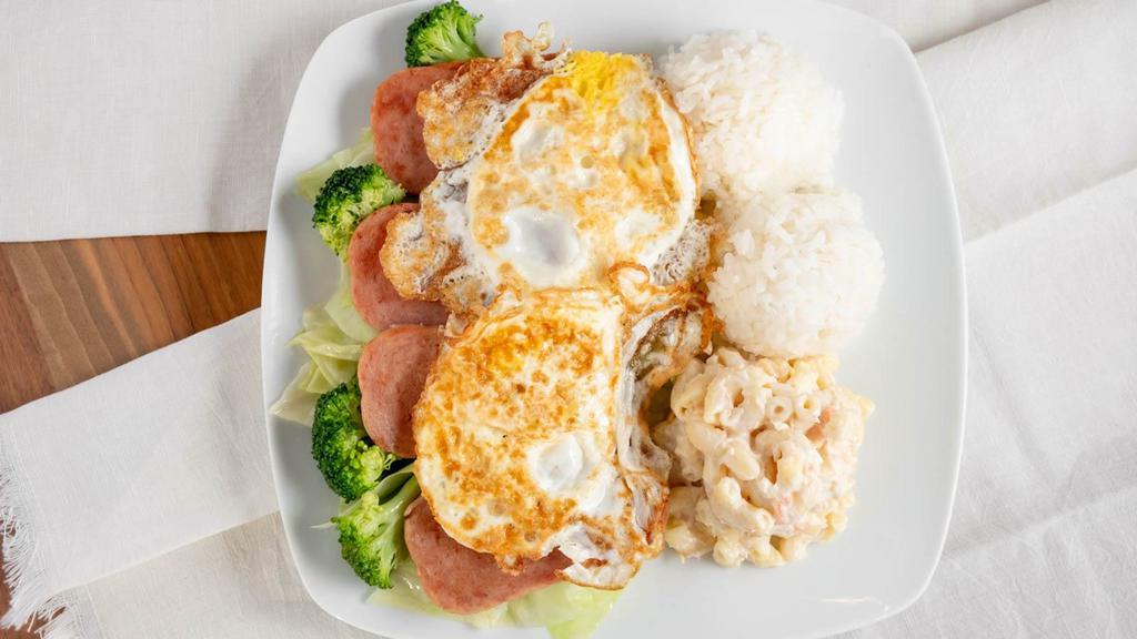 Grilled Spam & Eggs · A true local dish - Grilled Spam with 2 eggs.
