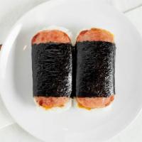 Spam Musubi (2 Pcs) · A block of rice topped with a dash of Teriyaki sauce plus a slice of Spam wrapped in seaweed.