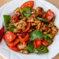 Kung Pao Chicken / 宫保鸡 · Stir-fried chicken with bell peppers, chili and peanuts in our delicious brown sauce.