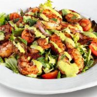 Keto Shrimp Bowl · Seasoned shrimp served over a bed of spring mix with tomatoes, onions and a creamy Green God...
