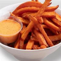 Sweet Potato Fries · You know you don’t want average.  Sweet and salty crisp fried sweet potato fries. Enough said.