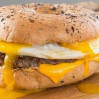#3 Sausage Egg & Cheese · Daily baked bagel with sausage, eggs & cheese. No substitutions. No Substitutions.