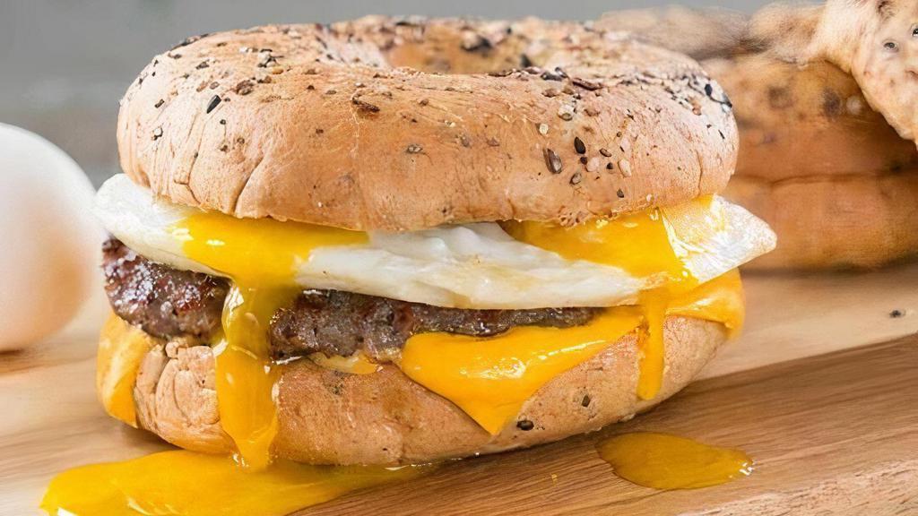 #3 Sausage Egg & Cheese · Daily baked bagel with sausage, eggs & cheese. No substitutions. No Substitutions.